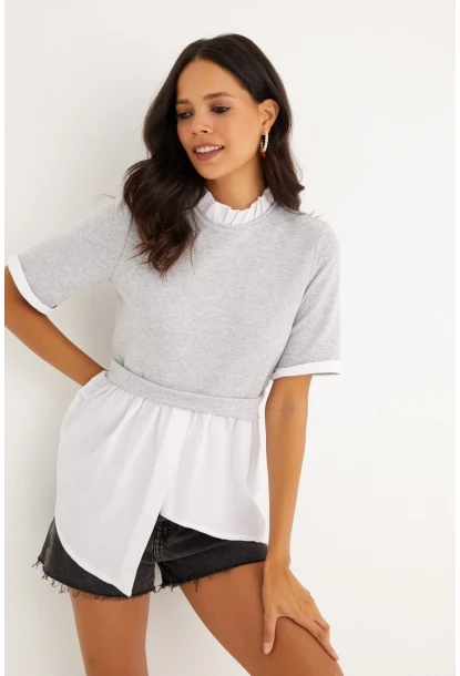 Kadın Gri İkili Asimetrik İki İplik Bluz B1454