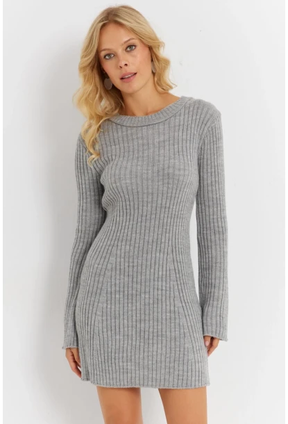 Kadın Gri İspanyol Kol Triko Mini Elbise YV273