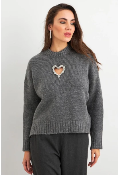 Kadın Gri Kalp Pencereli Kazak TEM101
