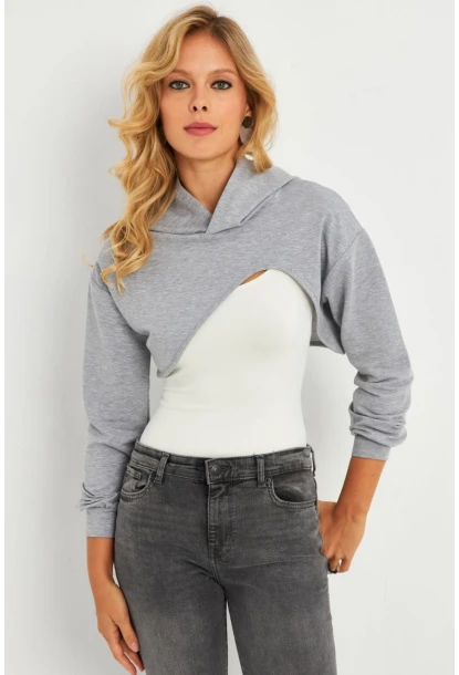 Kadın Gri Kapüşonlu Crop Sweatshirt  TF03