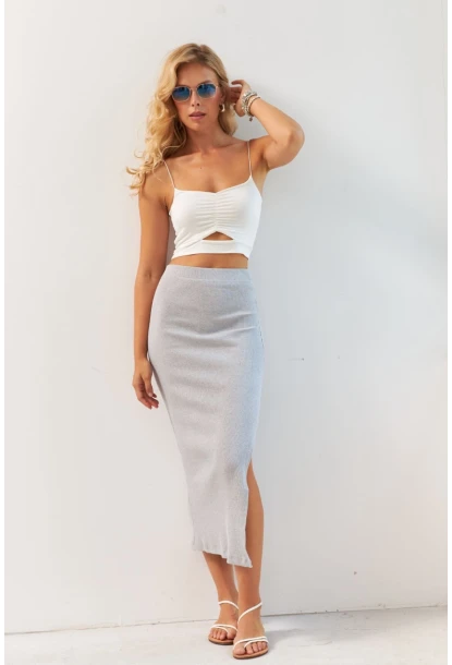 Kadın Gri Kaşkorse Midi Etek XL2034