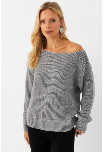 Kadın Gri Kayık Yaka Kazak AYD392