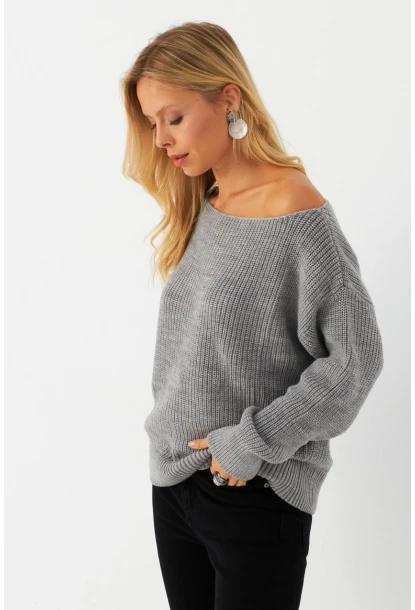 Kadın Gri Kayık Yaka Kazak AYD392