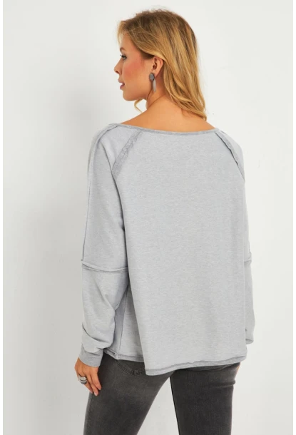 Kadın Gri Kayık Yaka Ters Dikişli Sweatshirt TF10