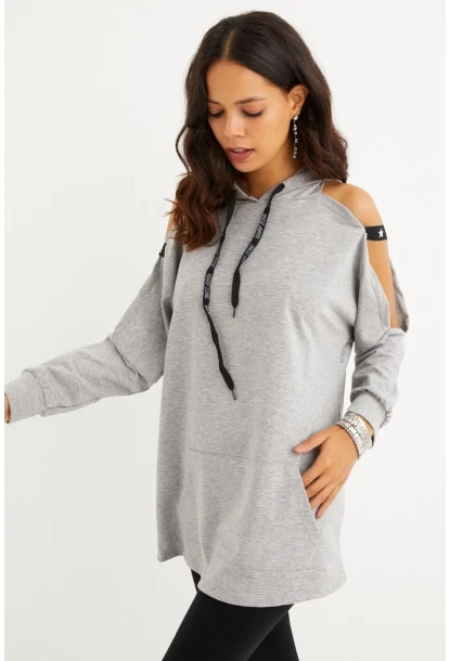 Kadın Gri Kolları Açık Kapüşonlu Sweatshirt Yİ2356