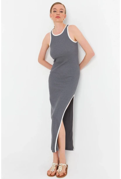 Kadın Gri Kontrast Biyeli Yırtmaçlı Maxi Elbise OR2087