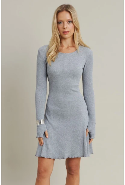 Kadın Gri Melanj Bağlamalı Kaşkorse Mini Elbise FRY2175