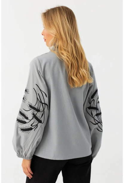Kadın Gri Nakışlı Balon Kol Gömlek MQS5603