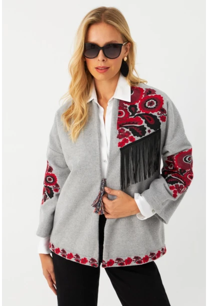 Kadın Gri Nakışlı Kaşe Ceket MQS5563