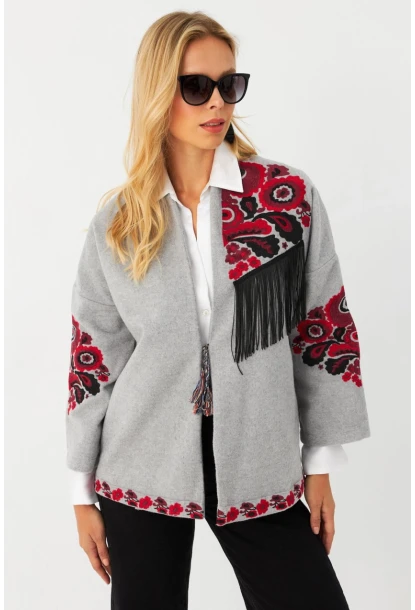 Kadın Gri Nakışlı Kaşe Ceket MQS5563