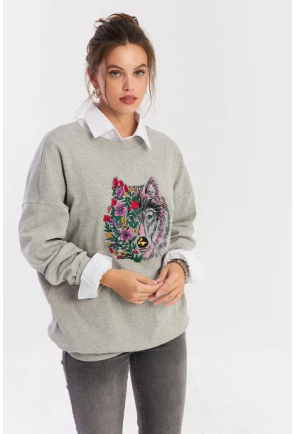 Kadın Gri Nakışlı Sweatshirt YLE20