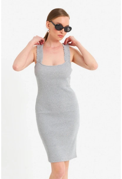 Kadın Gri Omuz Bantlı Kaşkorse Mini Elbise URO203