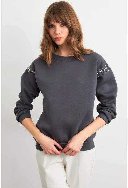Kadın Gri Omuzları İnci Detaylı Sweatshirt MDY1424