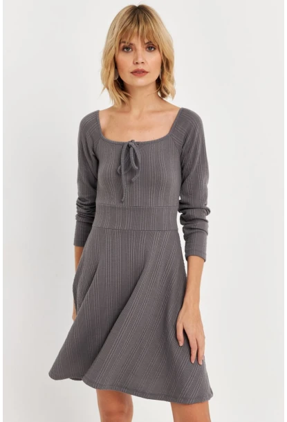 Kadın Gri Önü Bağlamalı Mini Elbise TF59