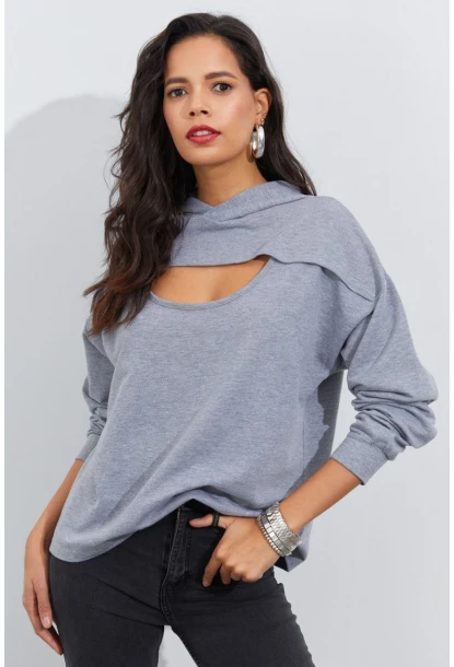 Kadın Gri Önü Pencereli Kapüşonlu Sweatshirt Yİ2486