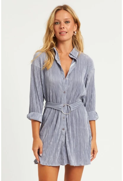 Kadın Gri Piliseli Kemerli Mini Elbise TW70124-90