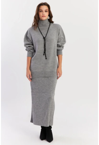 Kadın Gri Plili Alt Üst Triko Takım SF2554