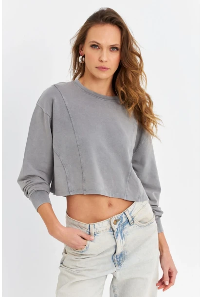 Kadın Gri Salaş Crop Sweatshirt ZH08