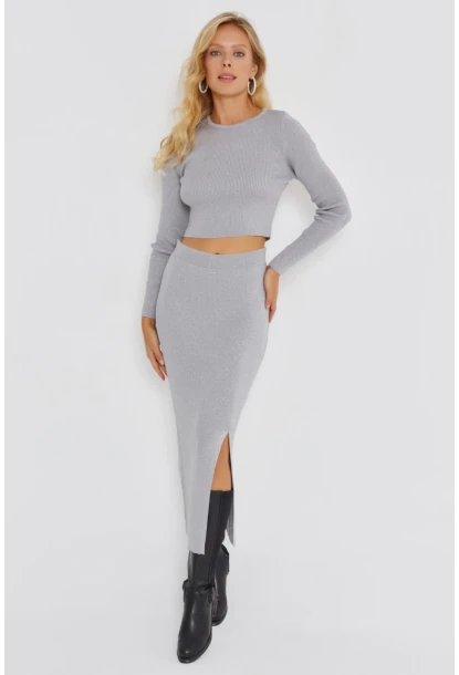 Kadın Gri Simli Triko Etek Takım KZ2497