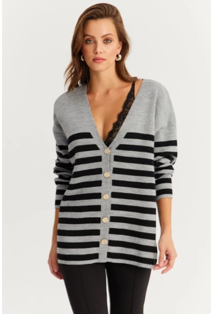Kadın Gri-Sıyah Çizgili Triko Hırka CNG3