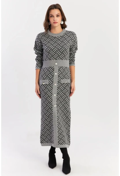 Kadın Gri-Siyah Düğme Aksesuarlı Desenli Maxi Elbise NUV41