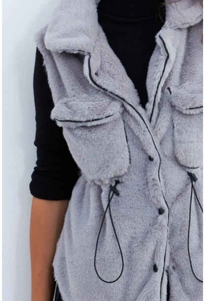Kadın Gri Suni Kürk Cepli Yelek MK66