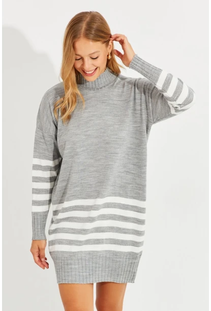 Kadın Gri Triko Çizgili Tunik YV202