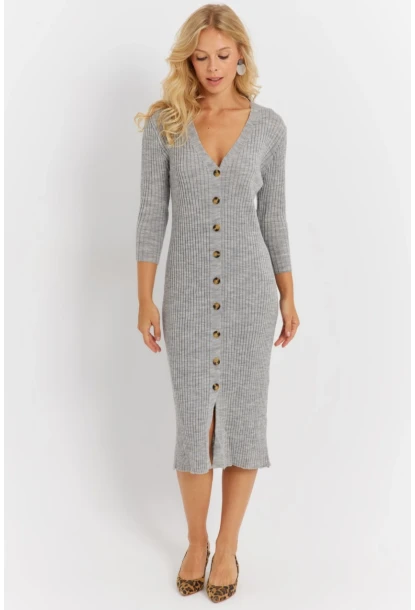 Kadın Gri Triko Midi Gömlek Elbise YV274