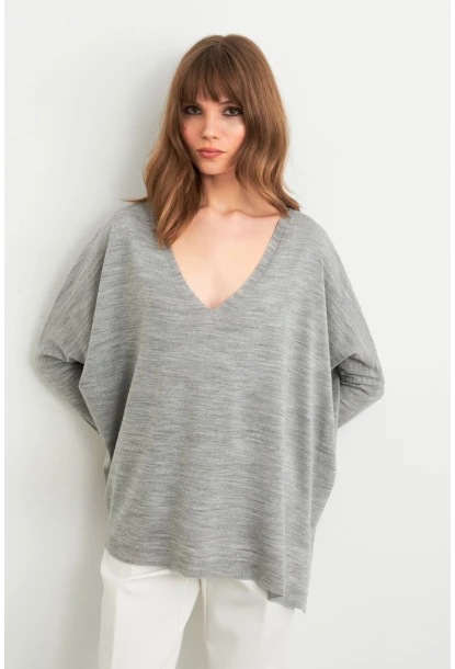 Kadın Gri V Yaka Salaş Bluz YV304