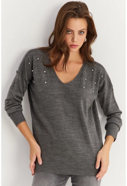 Kadın Gri V Yaka Taşlı İnce Triko Bluz YİL002