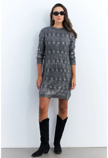 Kadın Gri Varaklı Triko Midi Elbise NAR446