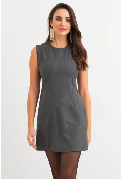 Kadın Gri Yandan Fermuarlı  Basic Midi Elbise ELA6821