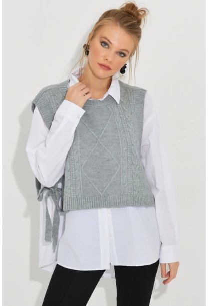 Kadın Gri Yanları Bağlamalı Süveter YV210