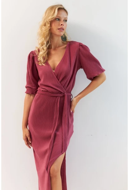 Kadın Gül Kurusu Balon Kol Kruvaze Midi Elbise YLE616