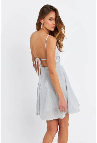 Kadın Gümüş Rengi Kruvaze Simli Astarlı Mini Elbise DCF110