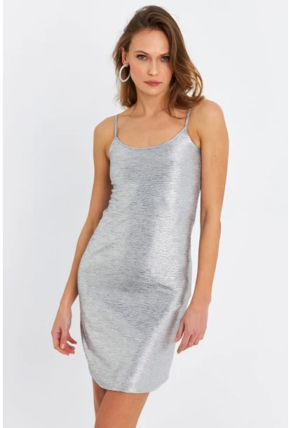 Kadın Gümüş Rengi Varaklı Mini Elbise RSP1054