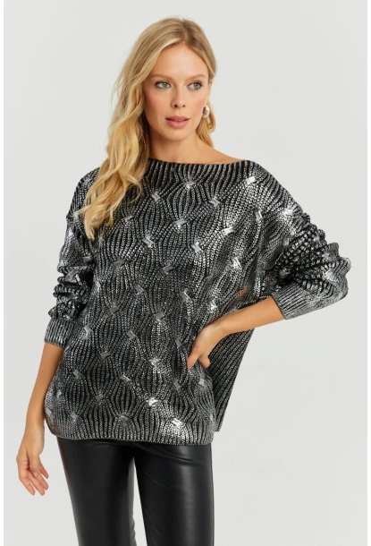 Kadın Gümüş Rengi Varaklı Triko Kazak SF2533