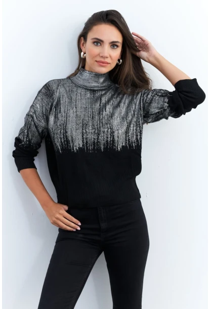 Kadın Gümüş-Siyah Balıkçı Yaka Varaklı Kazak RM07
