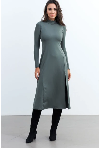 Kadın Haki Balıkçı Yaka Midi Elbise HOR15