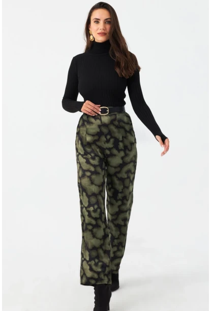 Kadın Haki Batik Desenli Saten Pantolon CAR1069
