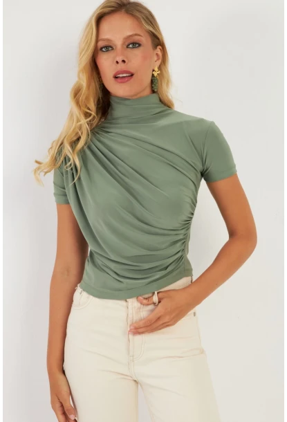 Kadın Haki Büzgülü Bluz LPP1287