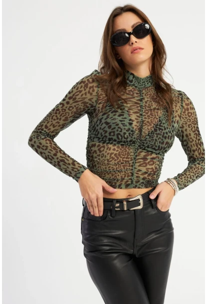 Kadın Haki Büzgülü Leopar Tül Bluz AYD379