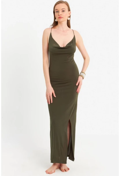 Kadın Haki Degaje Yaka Askılı Maxi Elbise DMR289