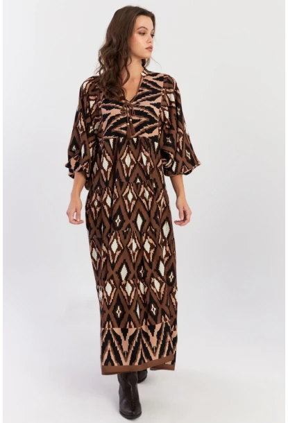 Kadın Haki Desenli Dokuma Maxi Elbise ALO235