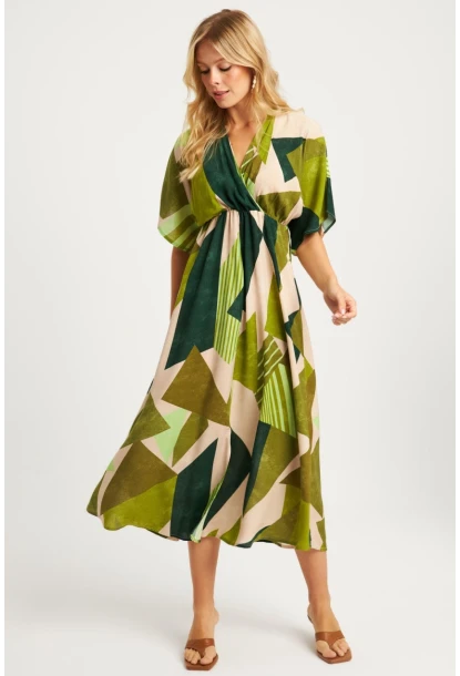 Kadın Haki Desenli Kruvaze Midi Elbise HT108