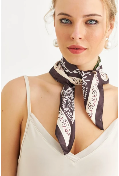 Kadın Haki-Ekru Saten Fular FİR100