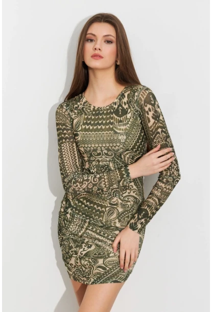 Kadın Haki Etnik Desenli Mini Elbise ROP110