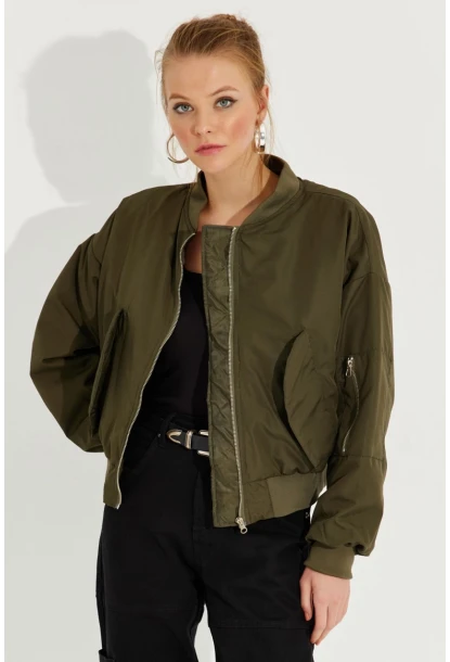 Kadın Haki Fermuarlı Bomber Mont QRS8367