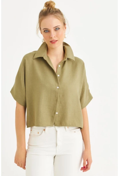 Kadın Haki Kısa Kollu Crop Gömlek CNG117