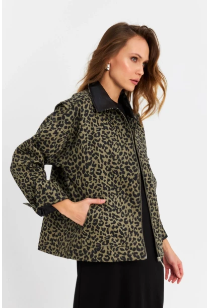 Kadın Haki Leopar Denim Ceket MELT1174